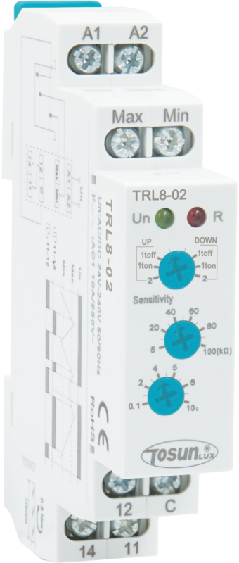 Реле контролю рівня рідини TRL8-02, AC/DC 24-240В, 10А, рівні контролю 1/2, чутливість 5-100кОм, 1SPDT
