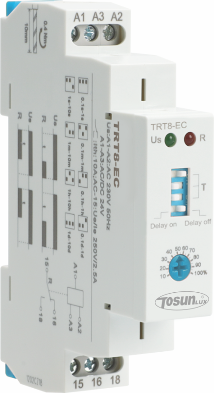 Двофункціональне реле затримки TRT8-EC (on/off), 10А, АС230/DC24, 2SPDT