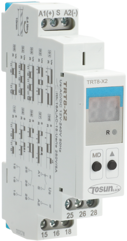 Багатофункціональне реле часу з індикацією TRT8-X2/A230, 16А, АС230, 20 режимів затримки, 2SPDT