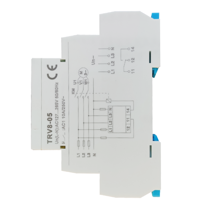Трифазне реле контролю напруги TRV8-05/M265 (L1-L2-L3-N, 127В-265В, 2%-20%, АС1 250В/DC24В, 0.1-10сек., 10А, 1 SPDT