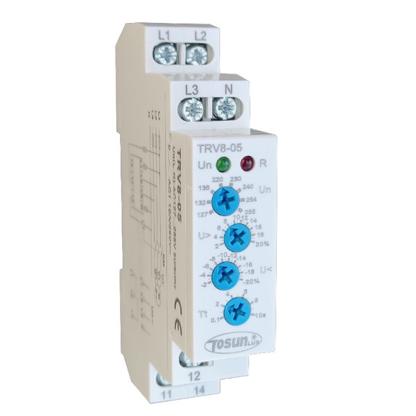 Трифазне реле контролю напруги TRV8-05/M265 (L1-L2-L3-N, 127В-265В, 2%-20%, АС1 250В/DC24В, 0.1-10сек., 10А, 1 SPDT