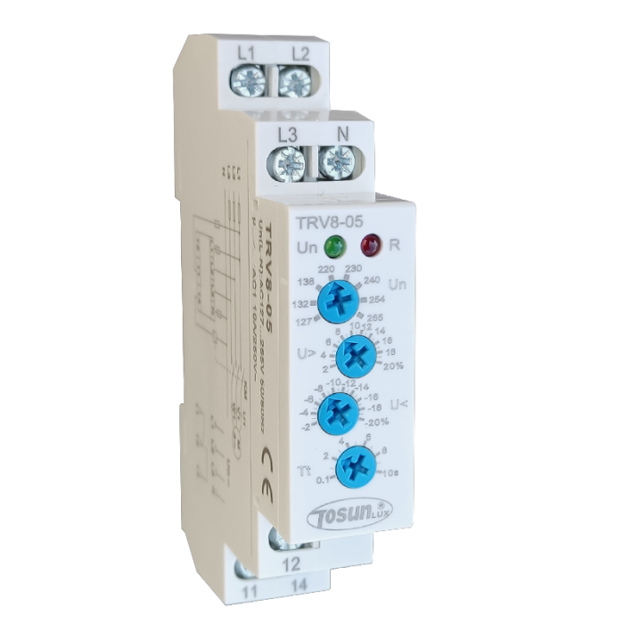 Трифазне реле контролю напруги TRV8-05/M265 (L1-L2-L3-N, 127В-265В, 2%-20%, АС1 250В/DC24В, 0.1-10сек., 10А, 1 SPDT